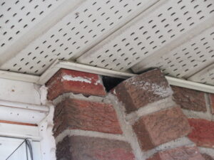 Gaps and missing flashing where brick meets the soffit can let water into the wall long before any stains show indoors