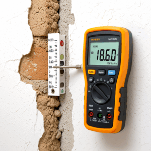 Moisture meter and probe checking a cracked interior wall for hidden dampness during a moisture and mould home inspection in Kingston Ontario by Equinox Home Inspections