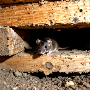 Rodent inside wall framing showing chew marks, droppings, and potential pest inspection issues commonly found in Kingston and area homes.