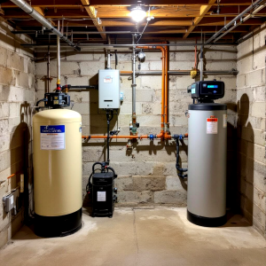Rural well water system with pressure tank, water softener, and treatment equipment showing potential inspection issues commonly found in Kingston and area homes by Equinox Home Inspections.